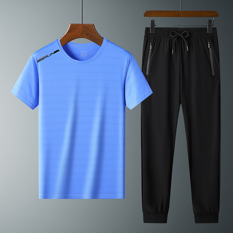 Moda pantalones de seda de hielo cuello redondo Camiseta de dos piezas para hombres talla grande suelta de secado rápido traje deportivo LOGO se puede formular