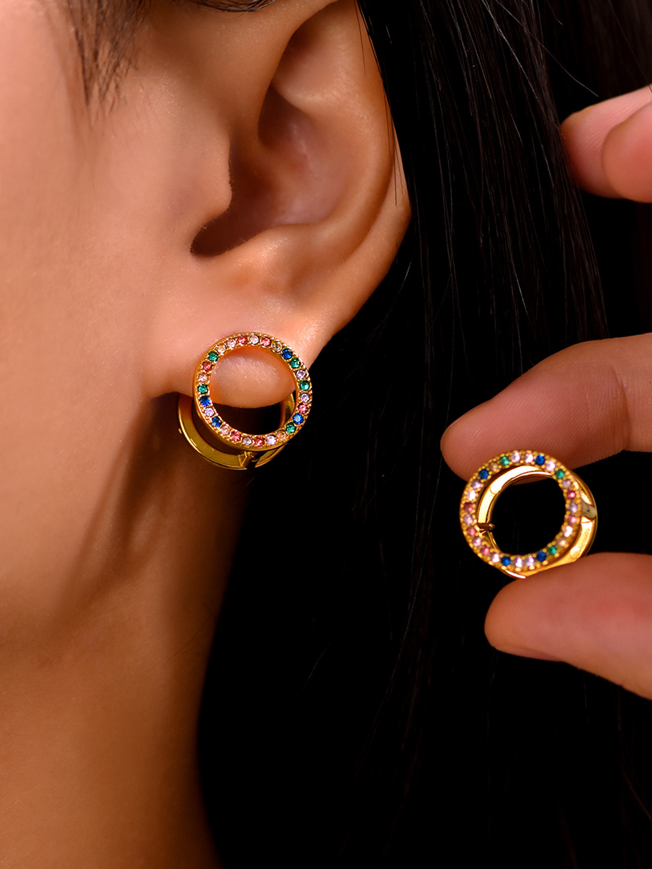 Square Zircon Double Sided Stud Earrings In Gold Stainless Steel_voghion.com