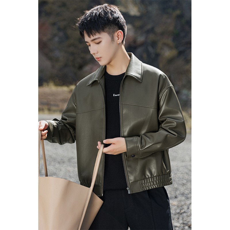 Light Mature Men's Lapel Simple Leather Jacket Spring and Autumn New Motorcycle Jacket Casual Trendy Brand American Retro Top