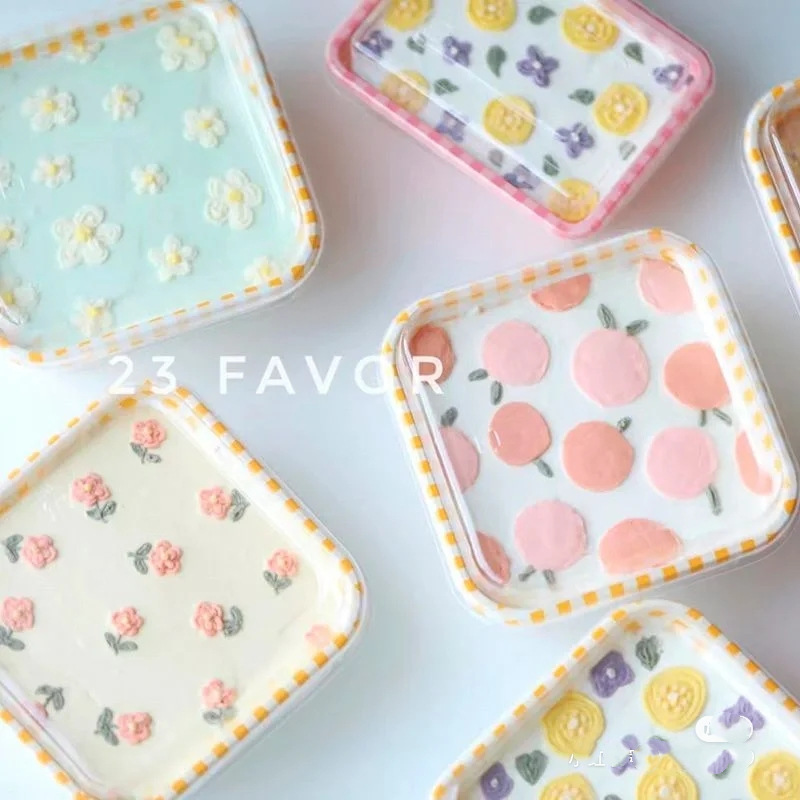 Vintage caja de pastel tiramisú pequeño postre embalaje transparente Red rojo pintado a mano Plaid Bento caja de picnic hornear