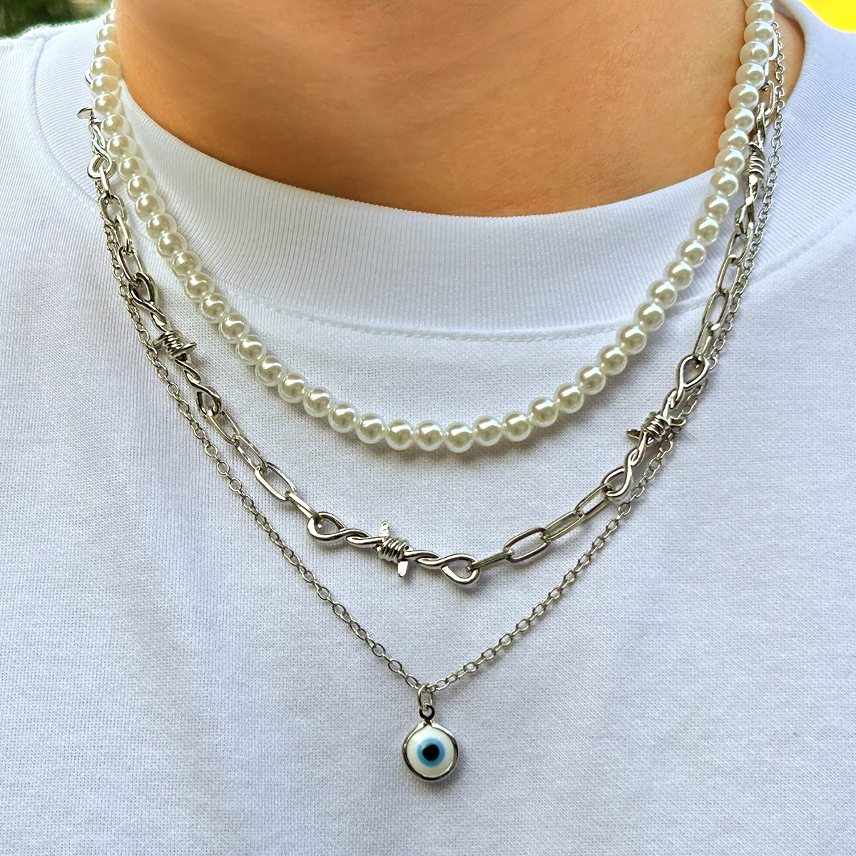 33g Weight Acrylic Pendant Material Layered Necklaces Classification Arylic Chain Material Simple Style Classic Style Solid Color Imitation Pearl Alloy Pearl Men's Layered Necklaces Men Necklace Sets