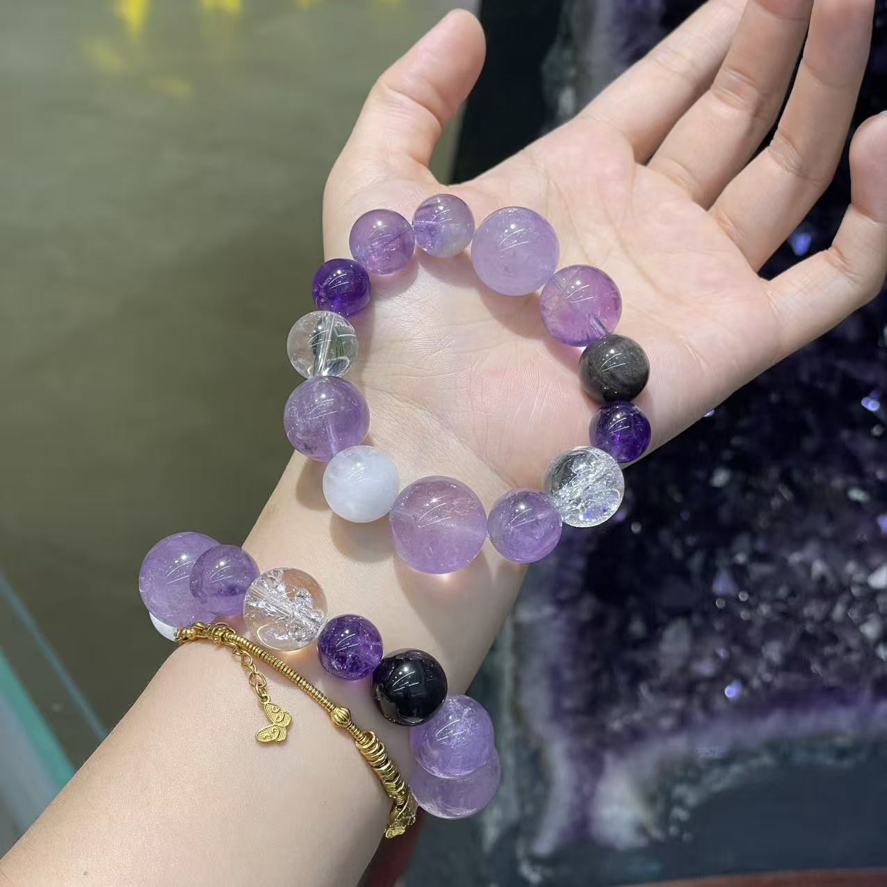 紫气东来天然紫水晶搭配白水晶 粉水晶DIY单圈手链厂家直供