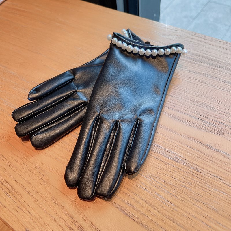 Fünf-Finger-Voll-Touchscreen-PU-Lederhandschuhe Damen Winter-Samt-Handschuhe aus kleinem duftendem Windperlenprotein-Leder_voghion.com