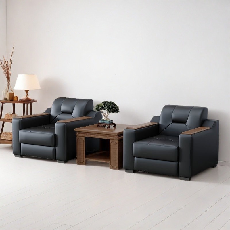 Office sofa set with genuine leather and leather art coffee table, reception set, simple modern office leather three-seater