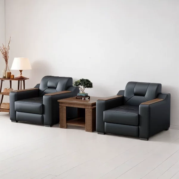 Office sofa set with genuine leather and leather art coffee table, reception set, simple modern office leather three-seater