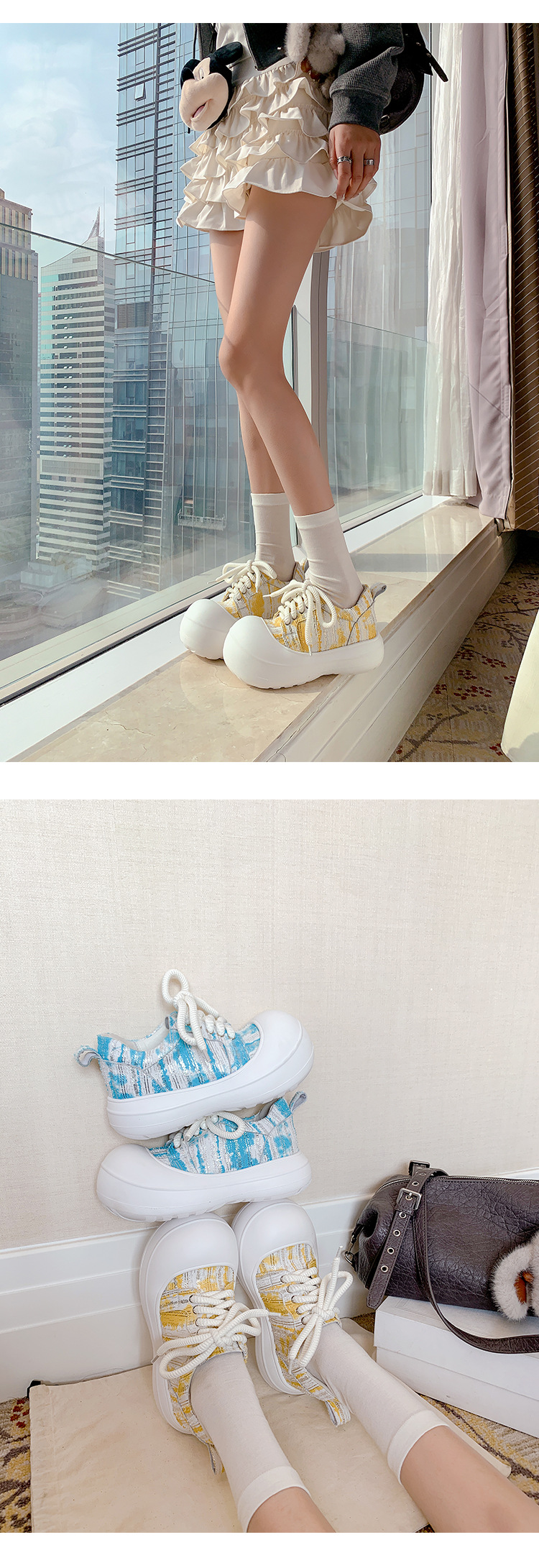 Giày loafer nữ đế xuồng platform 5cm, mũi tròn buộc dây, da thật — xanh lam, màu vàng chi tiết 11