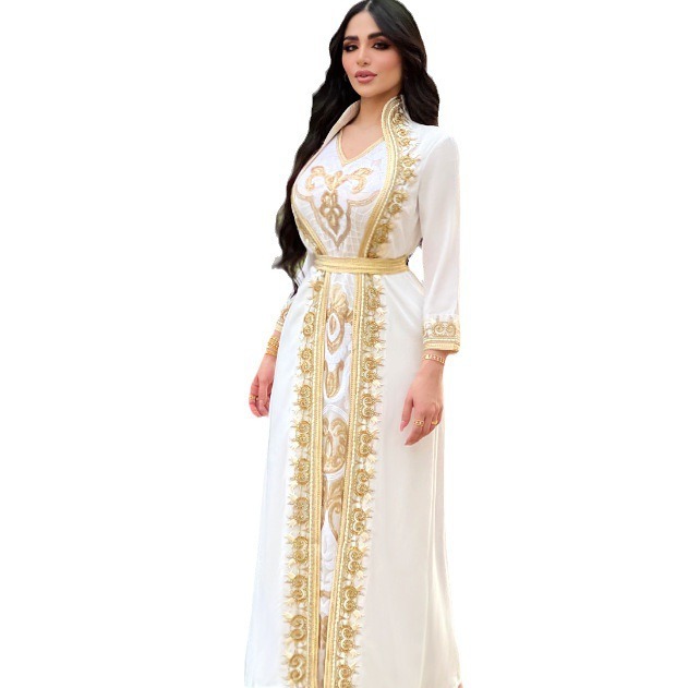 BA3168 Nouvelle robe longue arabe deux pièces en dentelle dorée, sequins et perles_voghion.com