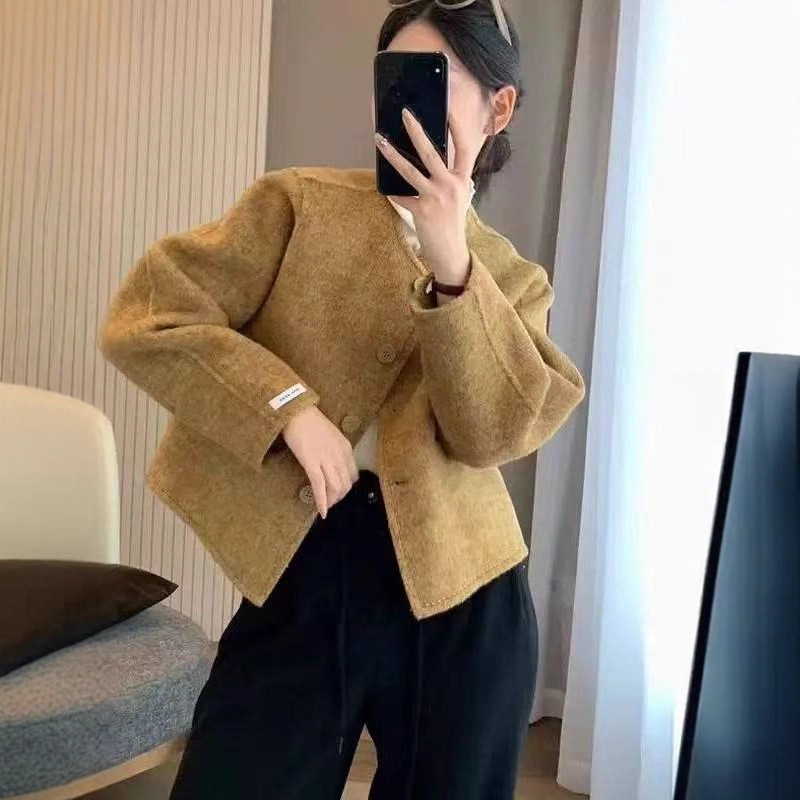 Double-Sided Cashmere Outwear Women's Short 2025 Autum New Korean Style Small Fragrance Style Round Neck Woolen Outwear
