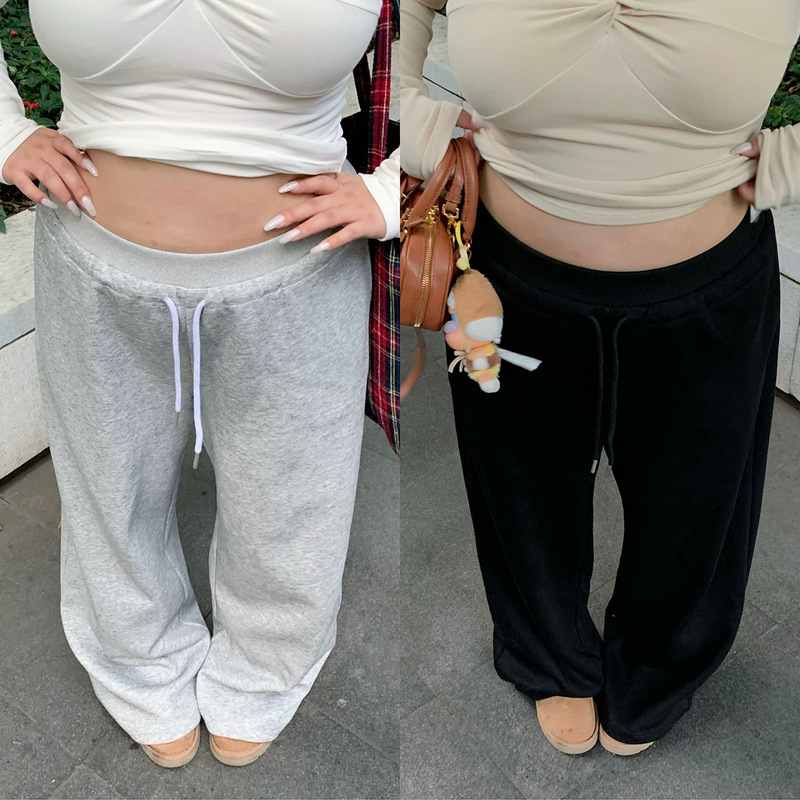 Global Plus-Size Double-Waist Drawstring Spring and Autumn Slimming Straight Wide-Leg Pants High-Waisted Sports Sweatpants for Women Global Plus-Size Double-Waist Drawstring Spring and Autumn Slimming Straight Wide-Leg Pants High-Waisted Sports Sweatpants for Women