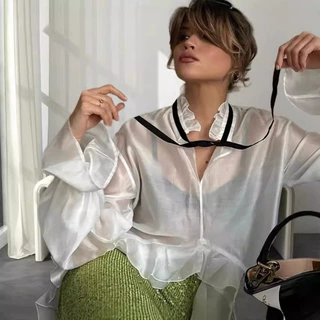 欧美跨境亚马逊2024夏季性感时尚透视罩衫上衣法式喇叭袖女装