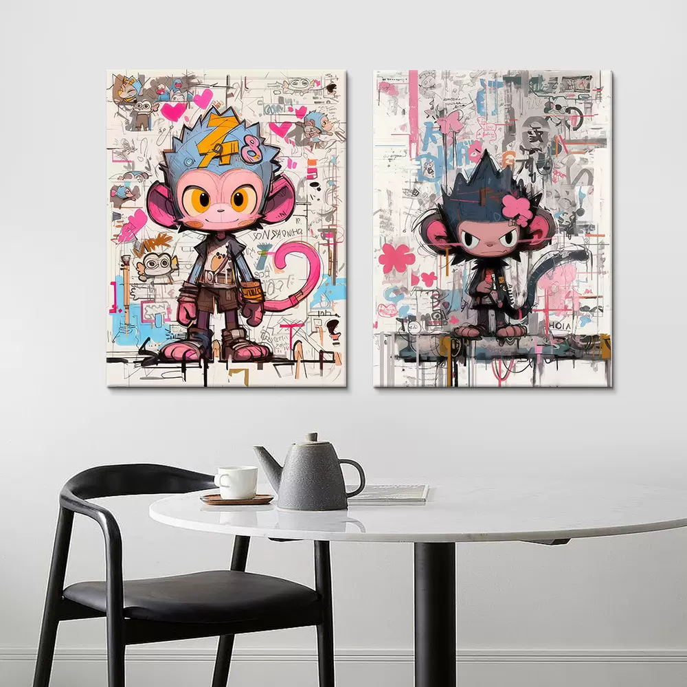 客厅卧室装饰画卡通插画风猴子无框画帆布画芯创意墙画厂家直销