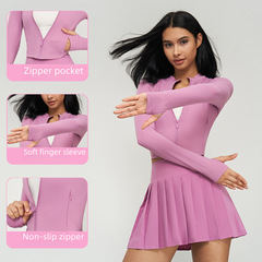 BR Zipper Pouch Sport Jacket, Focusing Curve Slimming Yoga Jacket for Women, Fingerless Short-Sleeve Yoga Clothes