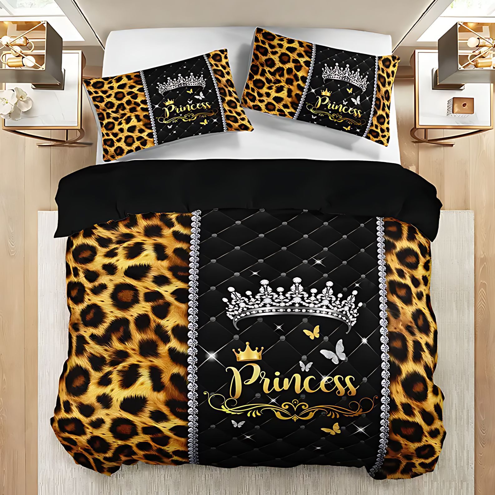 TEMU / JIT abrasivo colcha de cama con colcha de almohada con letras inglesas impresas digitalmente con leopardo para dibujar