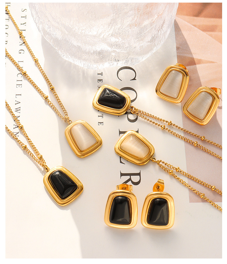 Womenu0027S Fashion Geometric Titanium Steel Earrings Necklace Inlay Opal Jewelry Sets