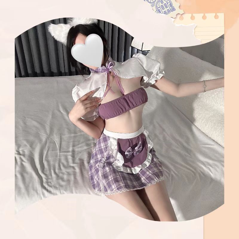 Maid Roleplay Lingerie Set with Apron, Purple Dress, Stockings and Ears — detail image 7