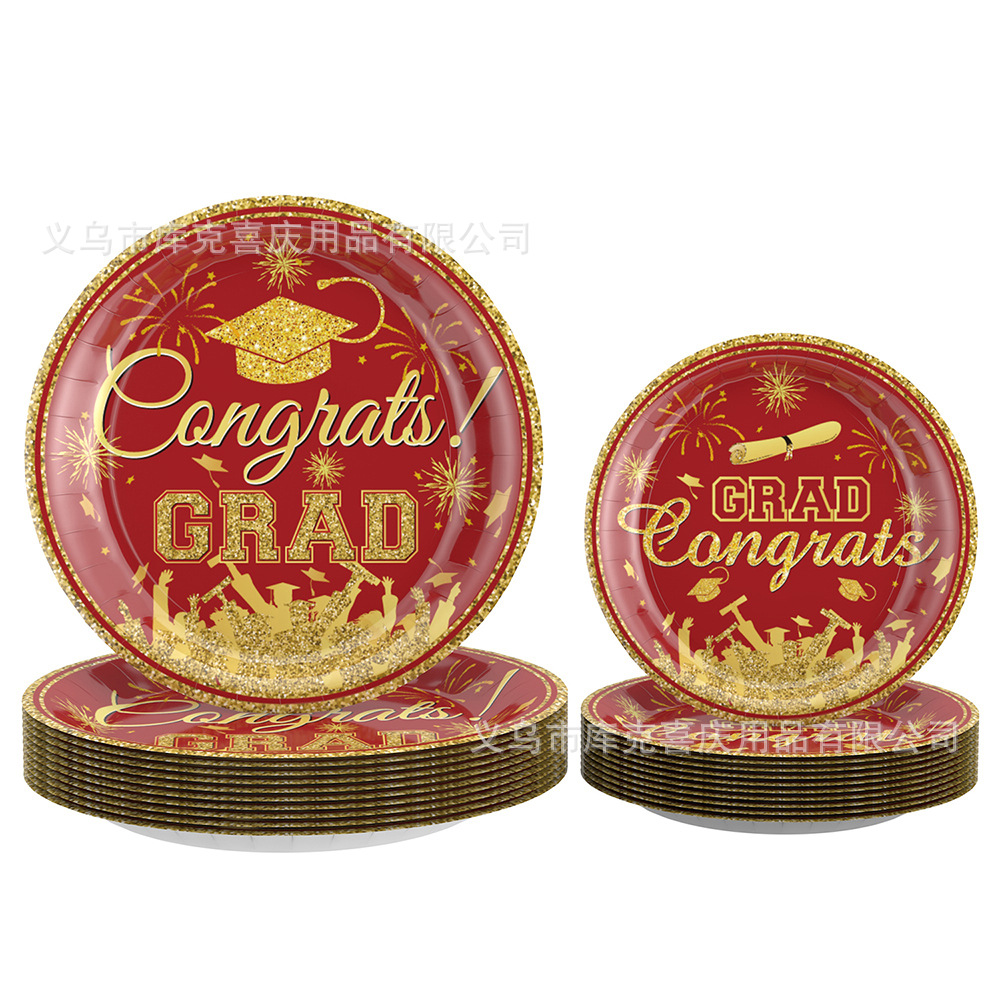 Amazon nuevo oro rojo graduación temporada tema Fiesta decoración plato de papel desechable taza de papel tire bandera decoración traje