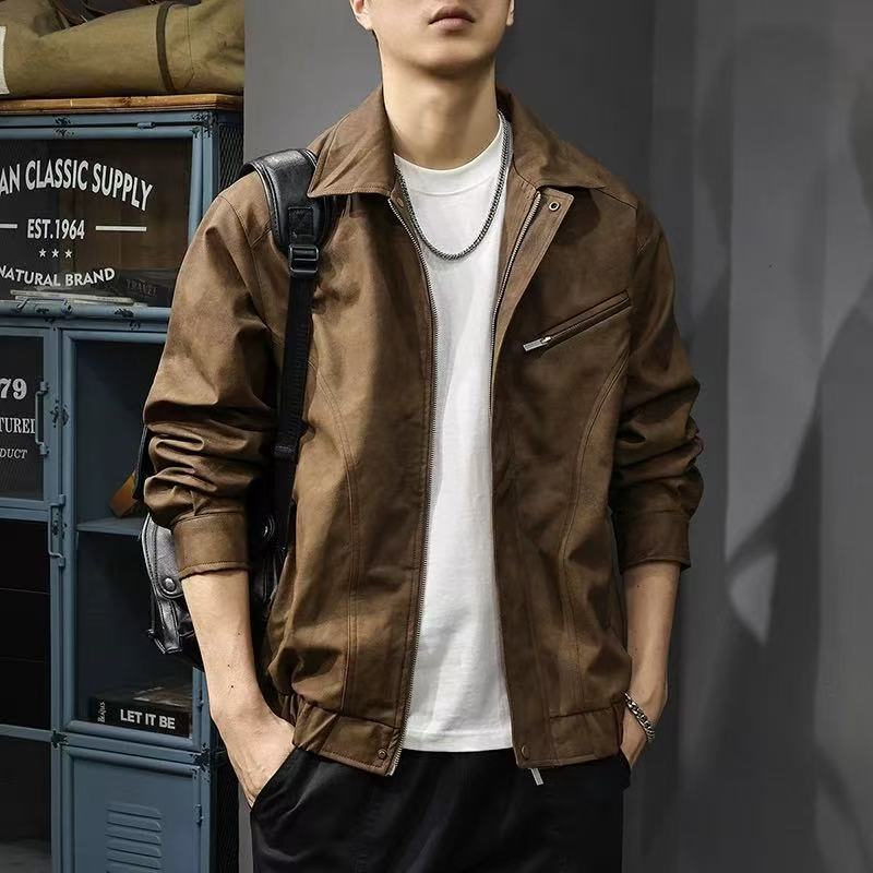 American Motorcycle Retro Jacket Men's Spring and Autumn New Trendy Brand Casual Handsome Pilot Lapel Work Jacket