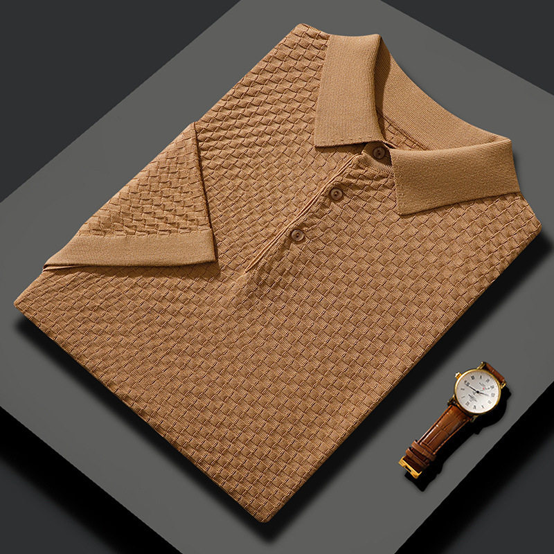 Áo thun nam tay ngắn cổ POLO chất liệu tơ tằm pha len dệt kim mỏng nhẹ — Màu camel, Màu trắng, Màu xám, Màu đen