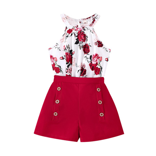 EW Children's Clothing, Middle Childhood New Girls' Summer V-Neck Top and Double-Collar Shorts Set DTZ973-D