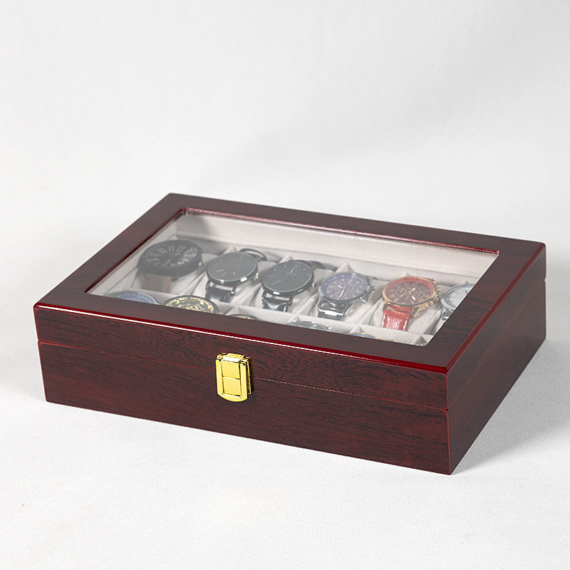 En stock pintura roja reloj caja de almacenamiento a prueba de polvo con claraboyas reloj pulsera caja de exhibición caja de colección