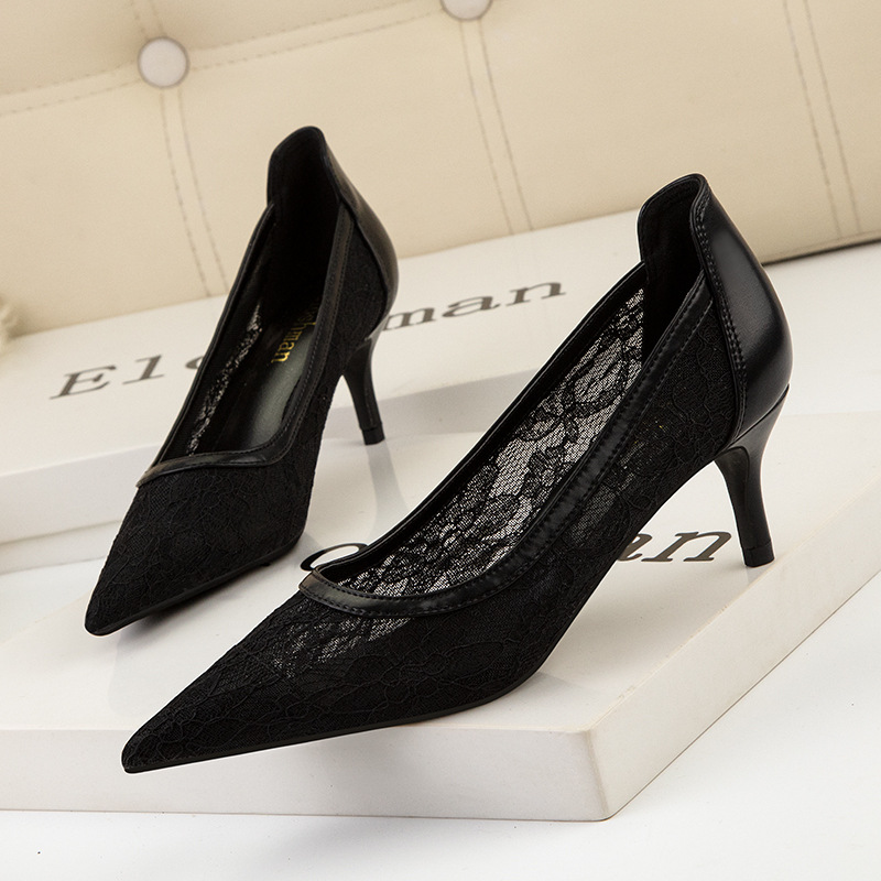 869-18 European and American sexy show thin thin high heels for women's shoes with high heels pointed mesh hollow out single shoe lace