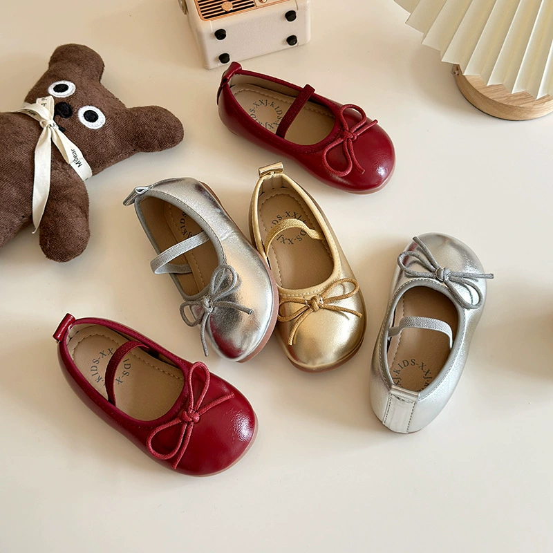 Children's demi-season non-slip fashionable shoes for leather shoes for princess with bow, Korean style, soft sole