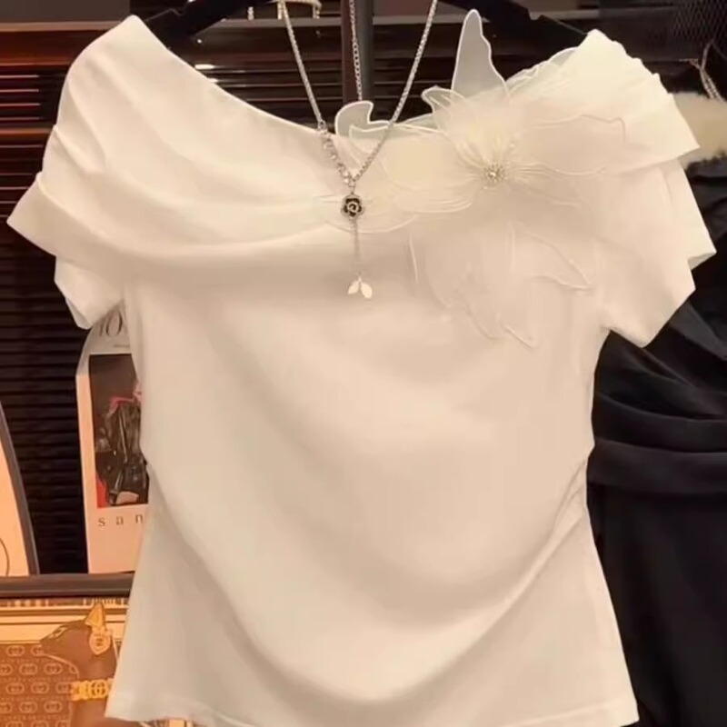 Extra Large Size 1.0-150kg Plus Size Design One-Shoulder Short-Sleeved Chic Flower Off-Shoulder Sense of Design T-Shirt for Women