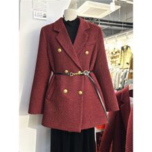红色西装毛呢棉服女2025冬新年战袍宽松气质中长款小个子收腰外套