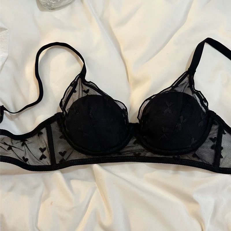 New Girl's See-Through Underwear Women's Lace Pure Lust Bra Breathable French Wire-Free Small Breast Push-Up Bra Set