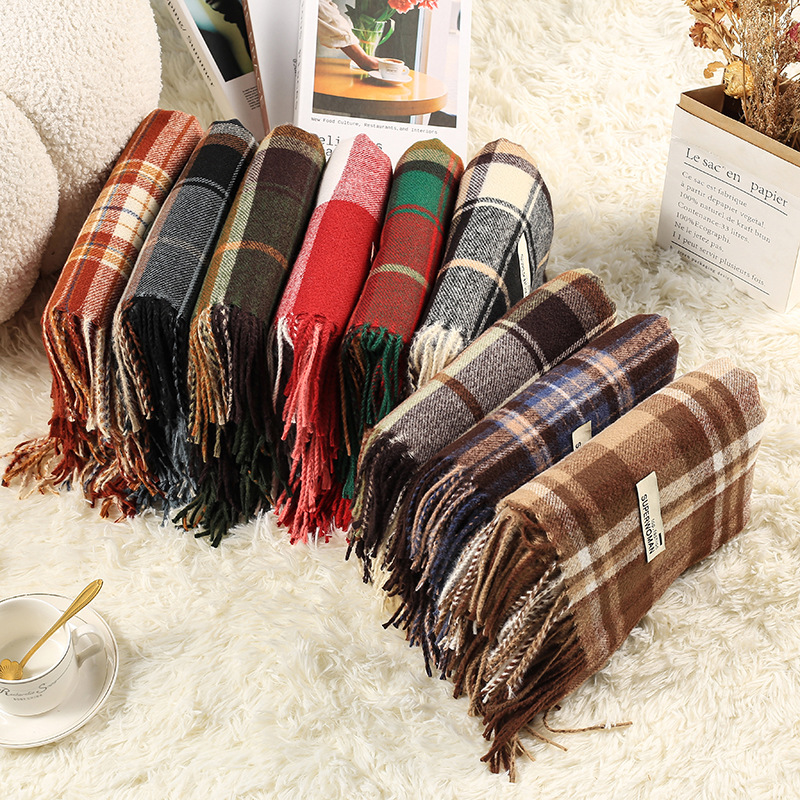 新款格子围巾女秋冬季仿羊绒氛围感保暖披肩百搭加长流苏围脖跨境