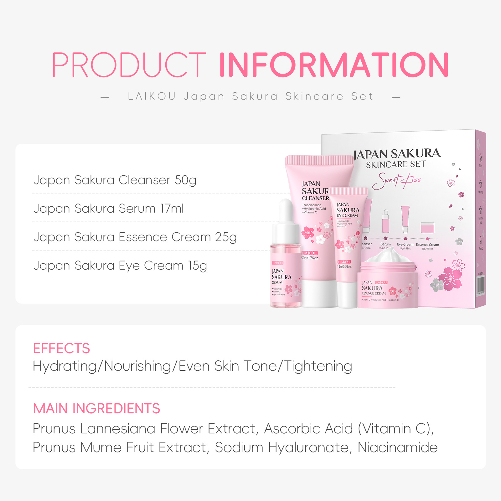 Cross-border Lecco Japan Cherry Blossom Facial Care suit 4-piece Cleansing Essence Eye Cream Face Cream Factory Wholesale