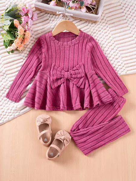 2025 Cross-Border New Autumn and Winter Girls' Suits Hot Selling Knitted Bow Long-Sleeved Tops Pure Color Sweet Pants