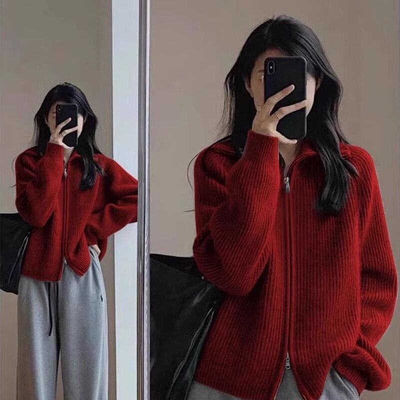 Red Double-Zip Sweater Coat for Women in Winter, Autumn and Winter, Loose and Lazy Style, Outerwear Knitted Cardigan