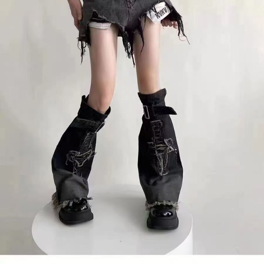 Black and Gray Cross Raw Edge Denim Slouch Socks for Women, Autumn Gradient Wide-Leg Y2K Subculture Half Socks Trendy