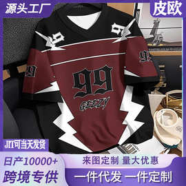2026跨境美式复古V领3D数字99印花宽松休闲运动透气舒适男短袖T恤