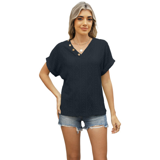 European and American Cross-border Women's 2025 Amazon Spring and Summer New V-neck Jacquard Button Short-sleeved T-shirt Loose Hollow Top