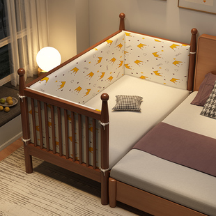 Beech Children's Bed Spliced ​​Bed Large Bed with Guardrail Bedside Widening Height Adjustable Baby Solid Wood Crib