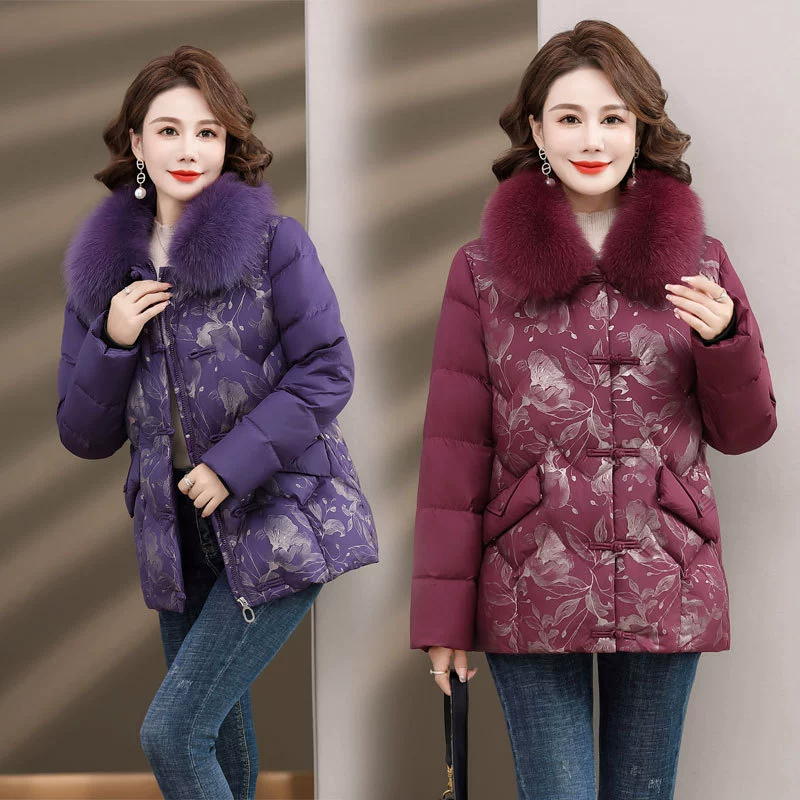 Зимний пуховик для мам среднего возраста Благородный короткий пуховик с хлопковой подкладкой в стиле вестерн для женщин среднего и пожилого возраста, насыщенное теплое толстое пальто для бабушки