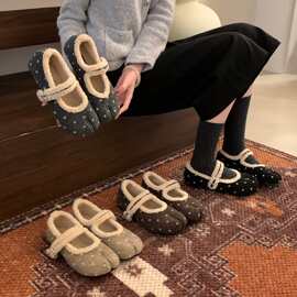 波点浅口平底毛毛鞋女2026新款冬季加绒保暖复古软底玛丽珍棉鞋子