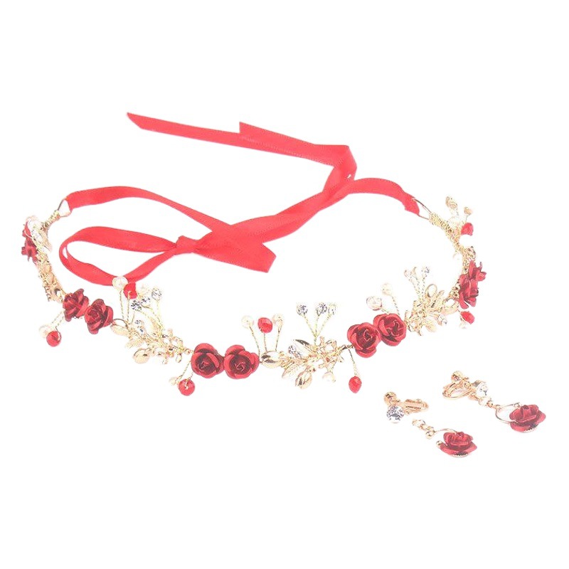 Vestido rojo nupcial tocado Rosa aleación banda de pelo pendientes de joyería de la boda accesorios para el cabello de dos piezas accesorios hechos a mano