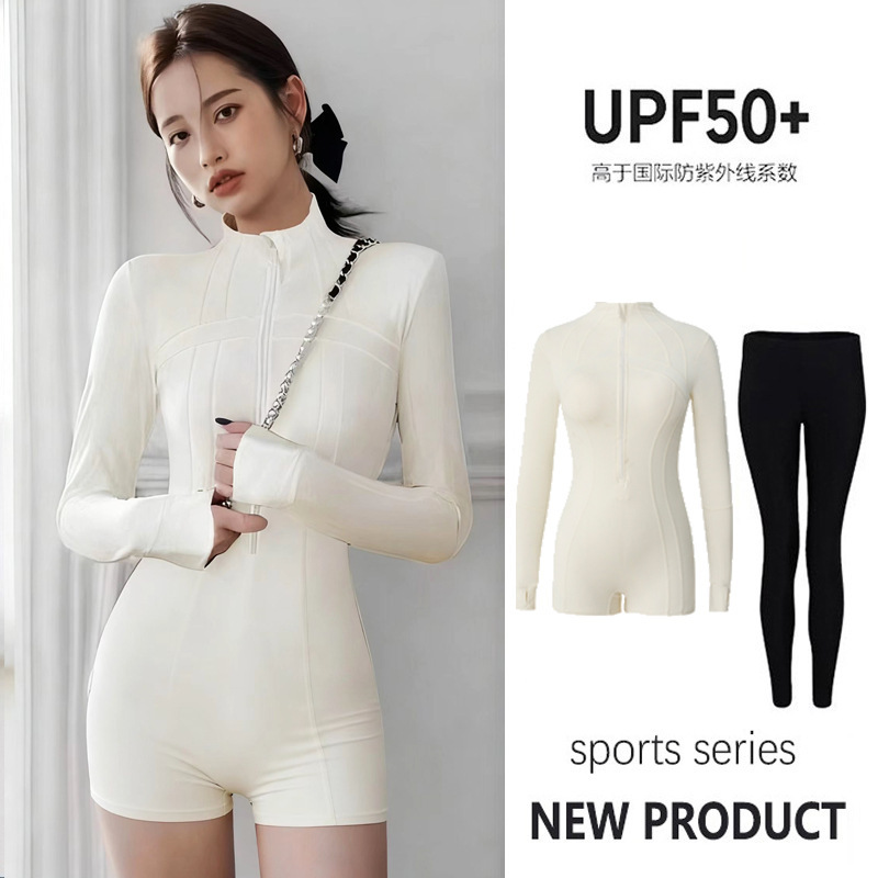尾波冲浪高领泳衣女长袖长裤专业防晒UPF50+连体速干潜水服水母衣|undefined