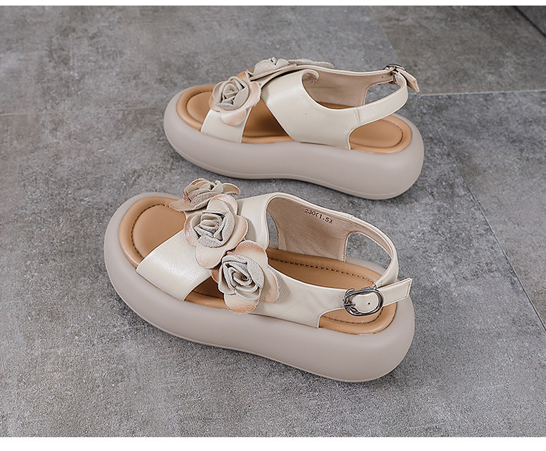 Sandal hở mũi nữ đế độn cao da bò, kiểu La Mã quai mảnh, gót thấp — Màu trắng be chi tiết 15