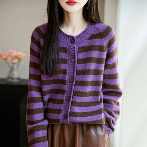 Autumn/Winter Thick 100% Wool Cardigan for Women, Round Neck Knit Coat, Loose Sweatshirt, Overlap Striped Top
