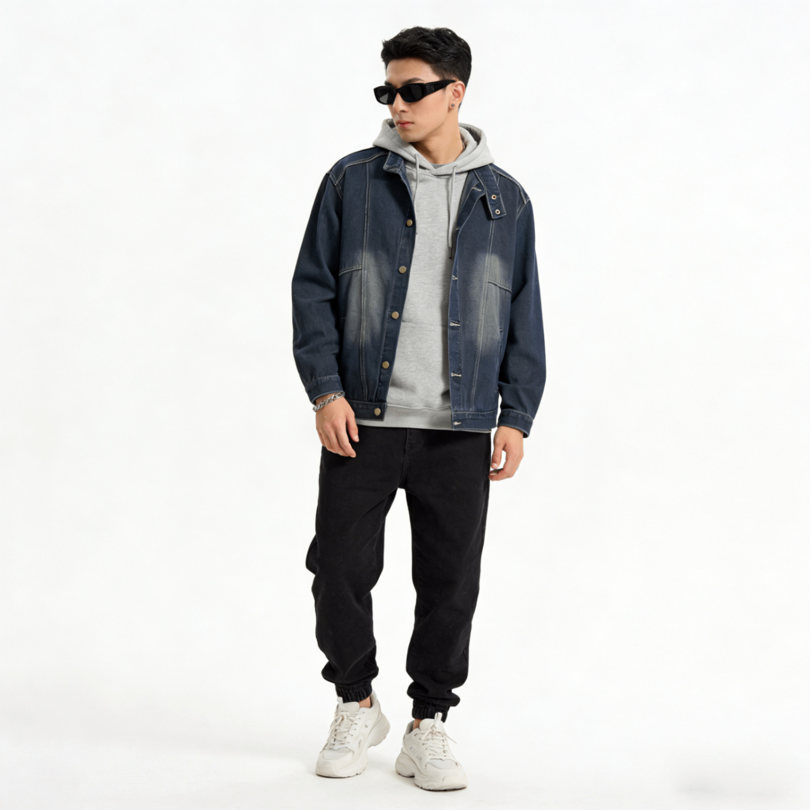 Retro-Jeansjacke im Used-Look mit Stehkragen, lässiger Streetwear-Stil für Damen und Herren_voghion.com