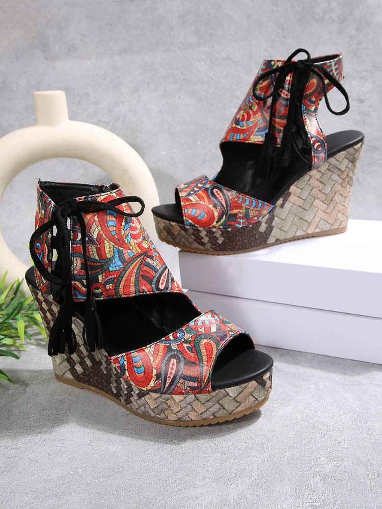 cross-border foreign trade plus size european and american wedge 2025 summer new tassel high heel peep toe platform muffin leopard print sandals women Item Picture