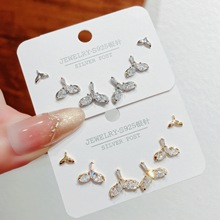 新品S925简约耳钉小众高级感鱼尾三件套时尚通勤小清新耳饰饰品女