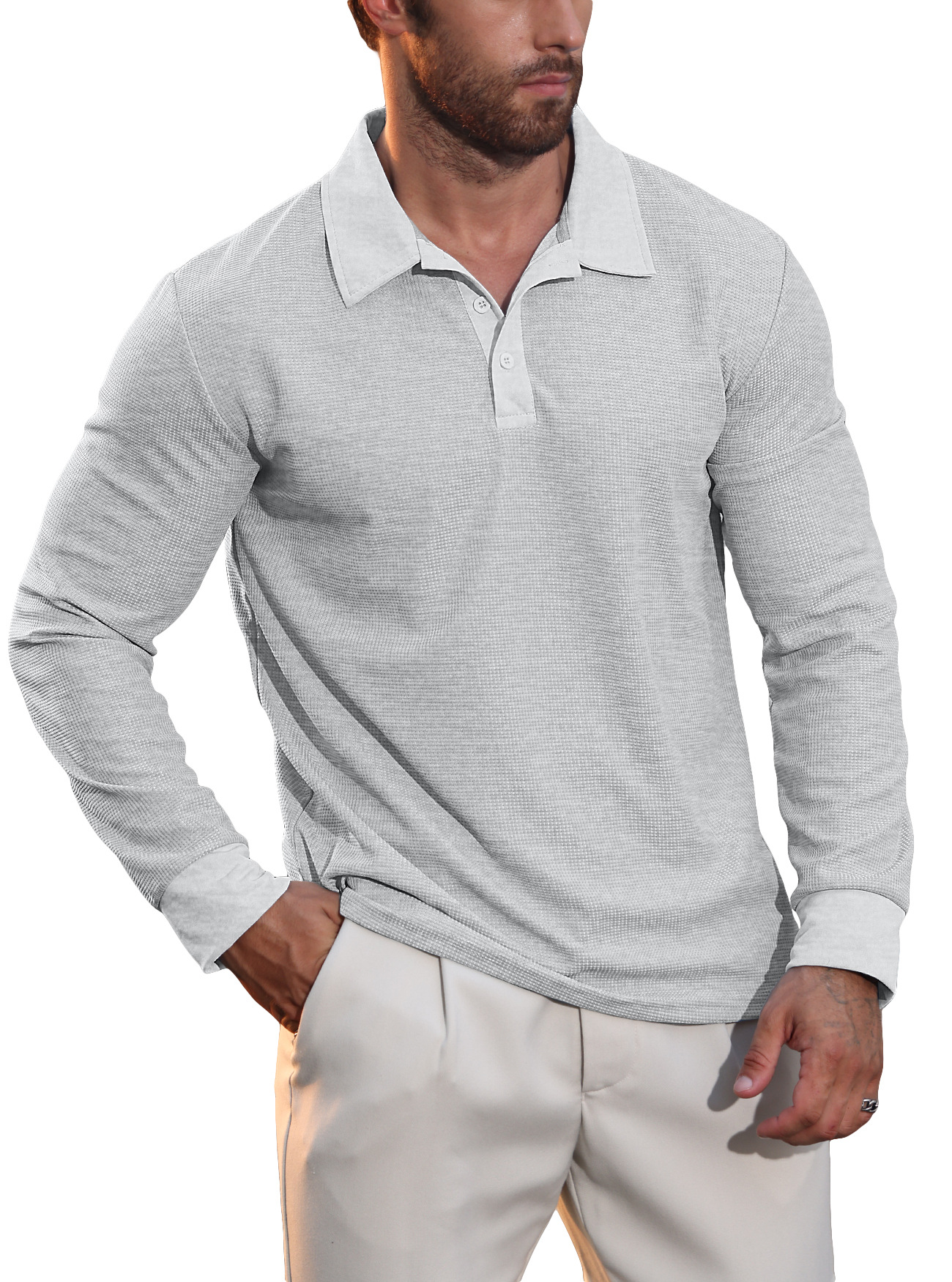 Nuevo otoño transfronterizo europeo y americano nuevo hombre waffle polo camiseta de manga larga de vacaciones casuales americanas