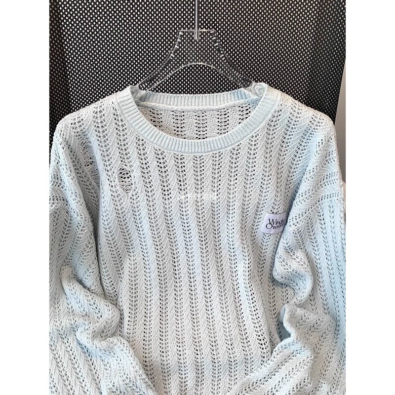 Hollow-Out Distressed Knit Pullover Loose Casual Unisex Trendy Versatile Long-Sleeve Sweater in Light Blue and Silver Gray