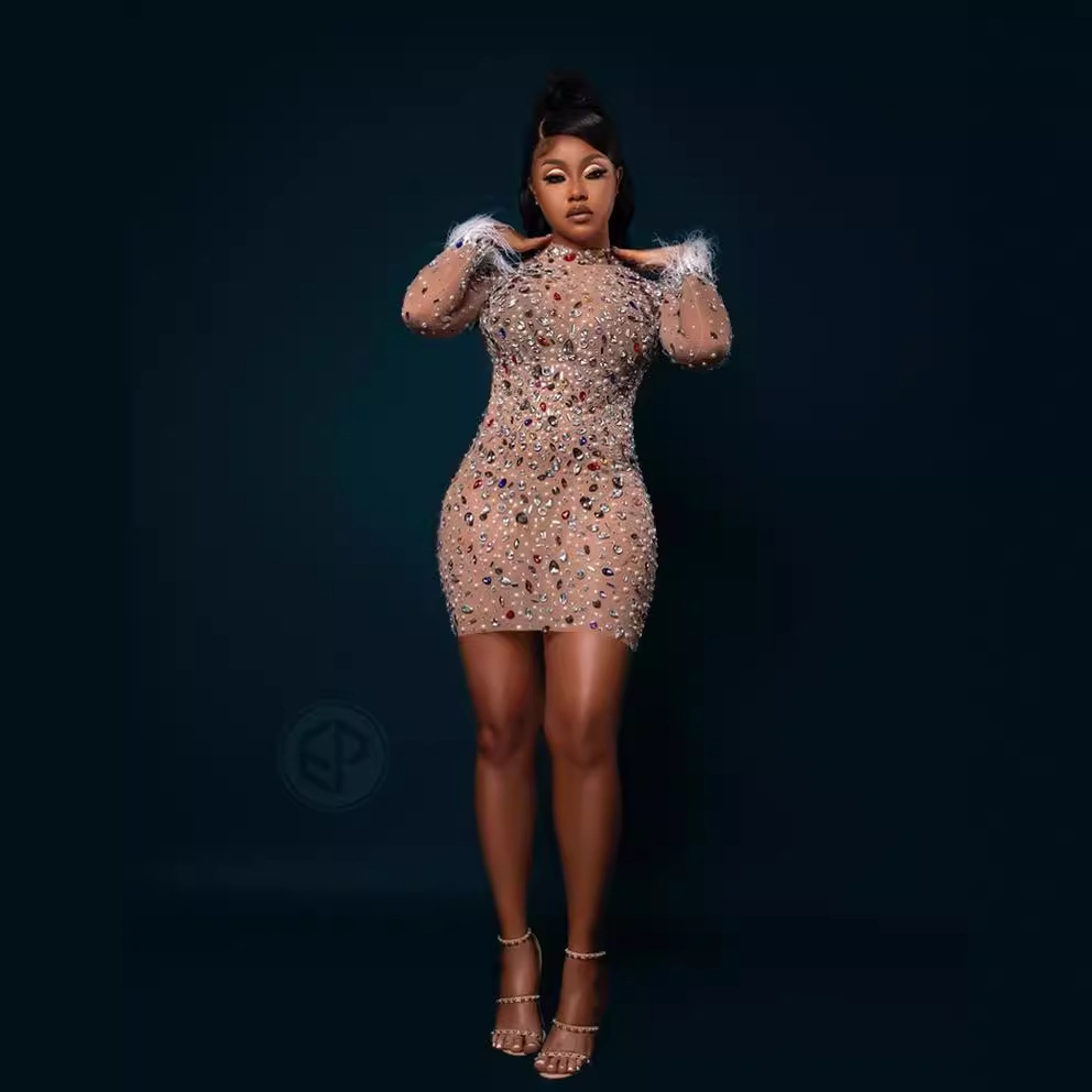 New Shiny Crystal Mini Sexy Birthday Dress for Women White Feather Rhinestone Dress Party