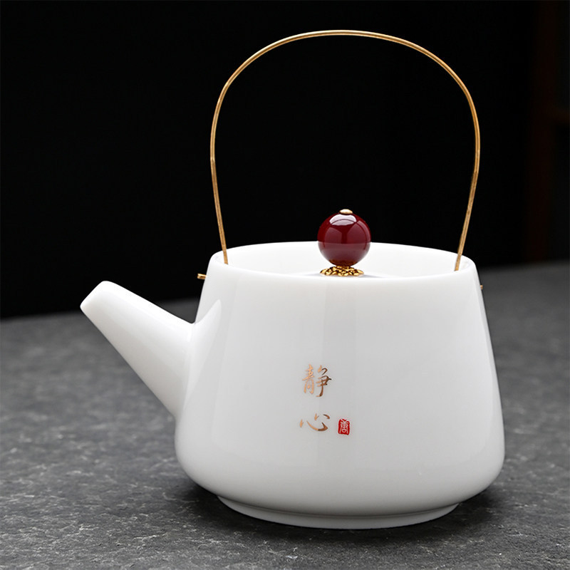 Jade-Colored Teapot with Handle, Kung Fu Tea Set for Home, Living Room, Office, and Reception, Made of Dehua Ceramics